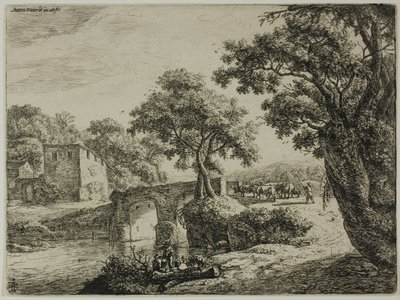Flok nær en stenbro af Anthonie Waterloo
