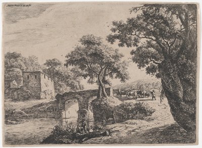 Besætning nær en stenbro, 1600-tallet. af Anthonie Waterloo