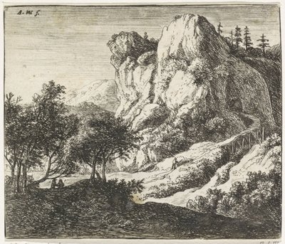 Træbro ved et klippefremspring Klippelandskaber (serietitel) af Anthonie Waterloo