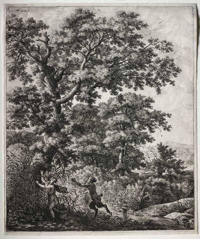 Seks store opretstående landskaber med scener fra Ovids Metamorphoses: Pan and Syrinx af Anthonie Waterloo