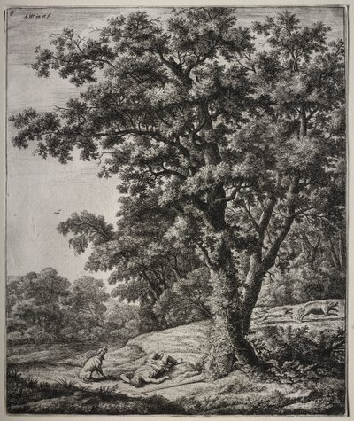 Seks store opretstående landskaber med scener fra Ovids Metamorphoses: The Death of Adonis af Anthonie Waterloo