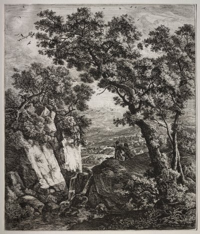 Seks store opretstående landskaber med scener fra Det Gamle Testamente: Tobias og englen af Anthonie Waterloo