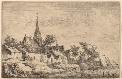 Village Steeple ved havet af Anthonie Waterloo