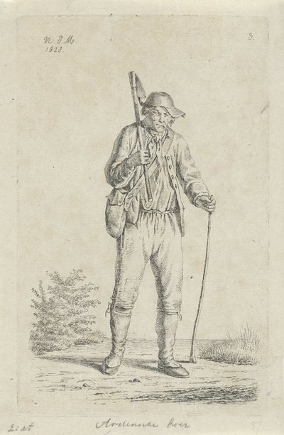 Bonde fra Ardennerne med hakke Ardennerbonde (titel på objekt) Landmænd og kvindelige landmænd fra Det Forenede Kongerige Holland (serietitel) af Anthonie Willem Hendrik Nolthenius de Man