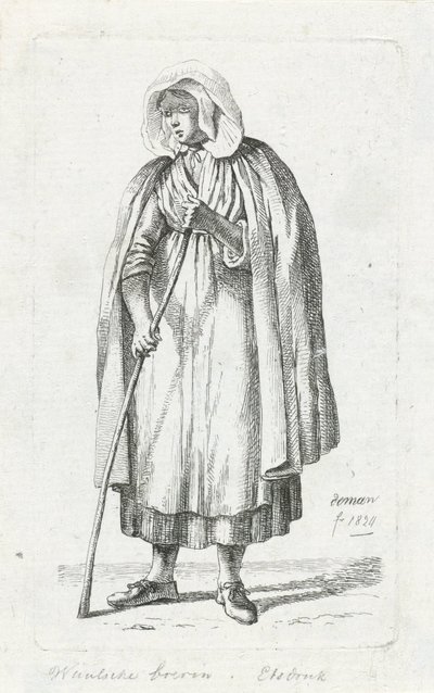 Kvinde med kappe og stok Vallonsk bondekone (titel på objektet) af Anthonie Willem Hendrik Nolthenius de Man