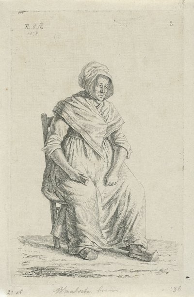 Siddende bondekone fra Vallonien Vallonsk bondekone (titel på objektet) Landmænd og kvindelige landmænd fra Det Forenede Kongerige Holland (serietitel) af Anthonie Willem Hendrik Nolthenius de Man