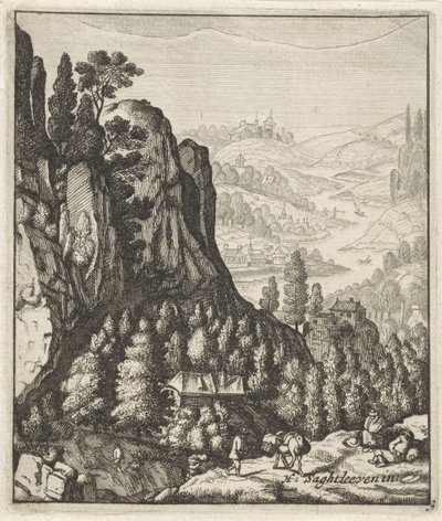 Klippefyldt bjerglandskab med bønder af Anthonie de Winter (attributed to)