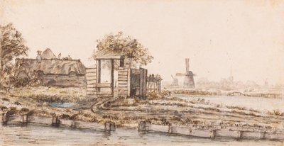 En gård ved et vandløb nær en landsby af Anthonie van Borssom