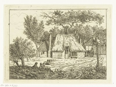 Vogn stående ved siden af ​​gård med trappegavl Gård på Amstelveense Weg af Anthonie van den Bos