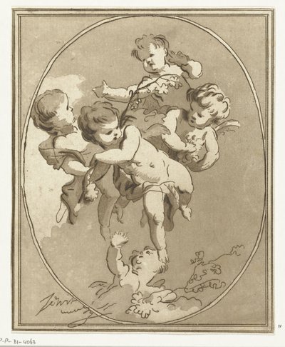 Fem putti med blomsterspray af Anthonie van den Bos