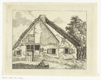 Kvinde med kurv siddende foran et hus af Anthonie van den Bos