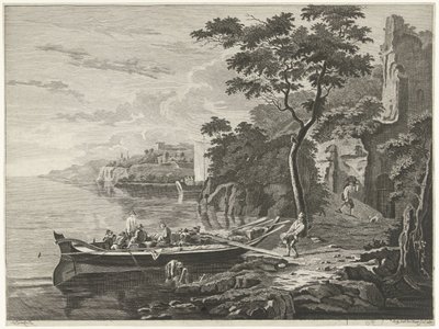 Figurer ved en pram i et bjerglandskab af Anthonij van der Haer