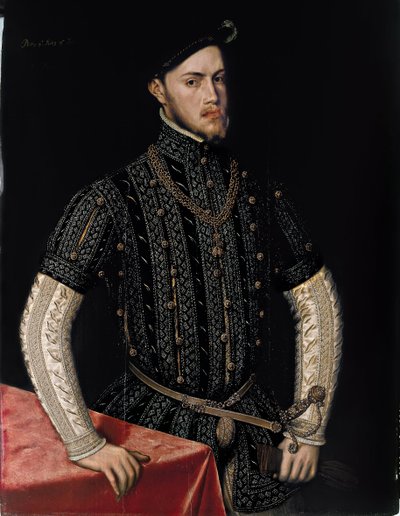 Portræt af Philip II (1527-1598), konge af Spanien og Portugal - Maleri af Antonis (Anthonis) Mor (ca. 1517-1577), olie på træ (107,5x83,3 cm), ca. 1550 - Portræt af Philip II, konge af Spanien og Portugal, Olie på træ af Antonis Mor, ca 1550 - Pr af Anthonis van Dashorst Mor