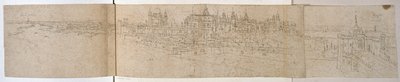Hampton Court Palace set fra floden, ca. 1544 (pen og blæk på papir) af Anthonis van den Wyngaerde