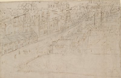 Panorama over London set fra Southwark: Borough High Street med St Mary Overy, 1554 af Anthonis van den Wyngaerde