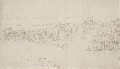 Panorama over London set fra Southwark: Durham House til Barnards Castle (pen og blæk over sort kridt på papir) af Anthonis van den Wyngaerde