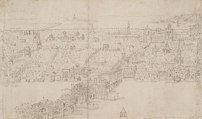 Panorama over London set fra Southwark: London Bridge, 1554 af Anthonis van den Wyngaerde