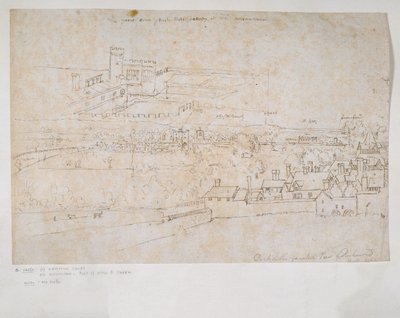 Ark med studier af paladserne i Hampton Court og Richmond og det omkringliggende landskab af Anthonis van den Wyngaerde