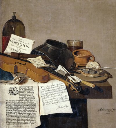 Stilleben med en kopi af De Waere Mercurius, et broadsheet med nyheden om Tromps sejr over tre engelske skibe den 28. juni 1639 og et digt, der fortæller historien om Apelles og skomageren af Anthonius Leemans