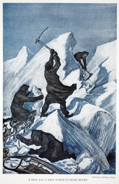 A Mile and a Half North in Eight Hours, pub. London 1907 (farve litho) af Anthony Fiala