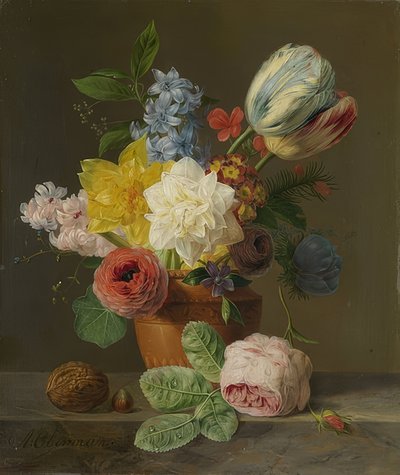 Stilleben med blomster og nødder. Omkring 1830 af Anthony Oberman