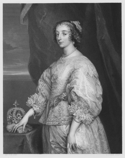 Dronning Henrietta Maria, fra billedet i Den Kongelige Samling (stik) af Anthony van (after) Dyck