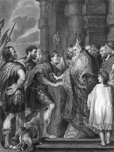 Ambrosius, der nægter kejser Theodosius adgang til kirken (kobberstik) af Anthony van (after) Dyck