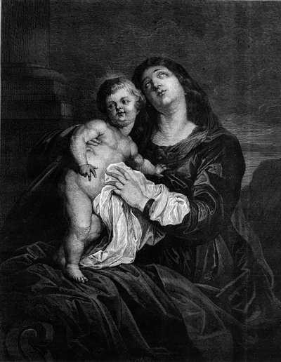 Jomfruen og Jesusbarnet. Gravering efter et maleri af Anton (Antoon eller Anthony) van Dyck (1599-1641). Indgravering i "" Le Monde Illustré"" nr. 1239 af 25. december 1880. af Anthony van (after) Dyck