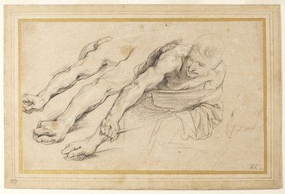 Figur af en mand, der bøjer sig frem med højre arm strakt; tre undersøgelser af højre arm og en af venstre hånd for samme figur (kridt på papir) af Anthony van Dyck