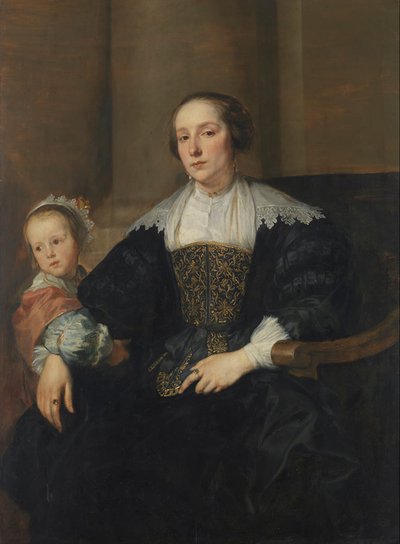 German: Bildnis der Anna van Thielen, Gattin des Malers Theodoor Rombouts, mit ihrer Tochter Anna Maria Portræt af Anna van Thielen, hustru til maleren Theodor Rombouts med deres datter Anna Maria af Anthony van Dyck