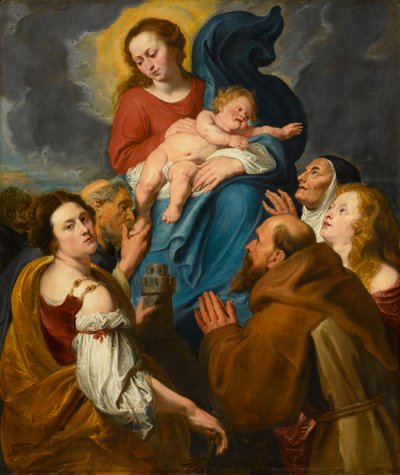 Madonna og barn med fem hellige, omkring 1627-1630 (olie på vugget egetræspanel) af Anthony van Dyck