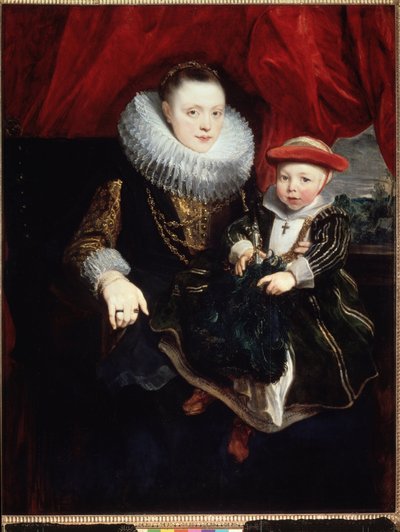 "Portræt af en ung kvinde med et barn" (hun bærer et jordbær) Maleri af Sir Anthonis (Anton eller Antoon) van Dyck (1599-1641) 1618 Dim. 131x102 cm Museum of the Eremitage, Sankt Petersborg (Saint-Petersburg) af Anthony van Dyck