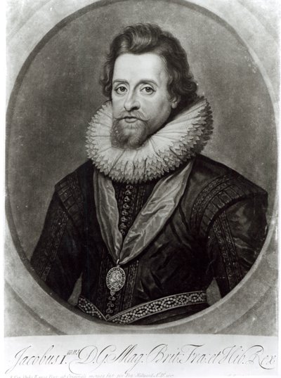 Portræt af James I (1566-1625) efter en miniature af Nicholas Hilliard (1547-1619) fra 1617, indgraveret af George Vertue (1684-1756) af Anthony van Dyck