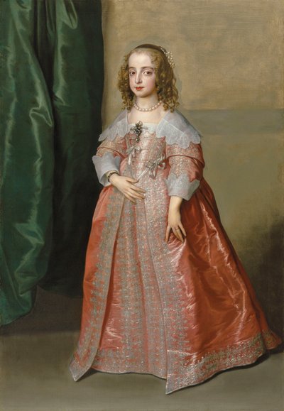 Portræt af prinsesse Mary (1631-1660), datter af kong Charles I af England, i fuld længde, i en lyserød kjole dekoreret med sølvbroderi og bånd af Anthony van Dyck