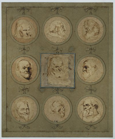 Samleblad med ni hovedstudier i medaljoner af Anthony van Dyck