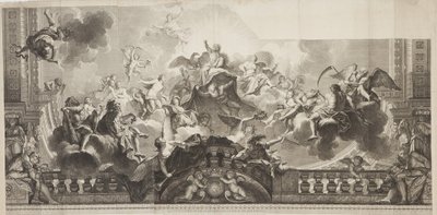 Design af Center Panel of Ceiling af Grand Gallery of the Palais Royal, indgraveret af Nicolas Henri Tardieu (1674-1749) af Antoine (after) Coypel