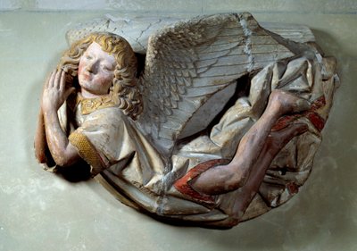 Flying Angel Relief i polykrom kalksten tilskrives Antoine the Moiturier (1425-1495) og beregnet til "The Mise au tombeau tilbudt af Jaquotin Ogier og hans kone Pernette". fra Chapelles des Carmes i Semur i Auxois. 1490 ca. Sol. 0,57x0,4 af Antoine (attr. to) Le Moiturier