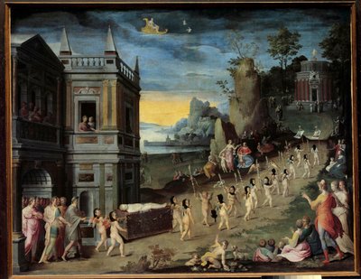 Allegori: Kærlighedens begravelse Et begravelsesoptog, der bærer liget af Eros, er på vej mod Venus-templet. Maleri af Antoine Carons værksted (1521-1599) af Antoine (studio of) Caron