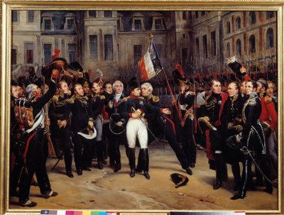 Abdikation af 1814 - "" Napoleon Bonapartes (1769-1821) farvel til den kejserlige vagt i gården til Cheval Blanc i Fontainebleau den 20/04/1814"" Maleri af Antoine Montfort (1802-1884) 1800-tallet søn. 0,98x1,3 m af Antoine Alphonse Montfort