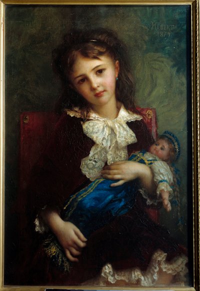Portræt af Catherine de Bouchage enfant, der holder en dukke i arme, maleri af Ernest Hebert (1817-1908) af Antoine Auguste Ernest Herbert or Hebert