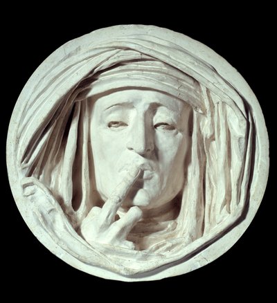 Silence En symbolsk gestus af en mand, der lægger en finger på hans mund. Gipsskulptur af Auguste Preault (1809-1879) Paris fra det 19. århundrede, Louvre-museet af Antoine Augustin Preault
