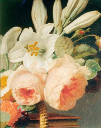 Buket af liljer og roser i en kurv på en chiffonier (detalje) af Antoine Berjon