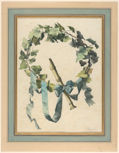 Tegning, trofæ med fløjte, efeu og blåt bånd, 1780-90 af Antoine Berjon