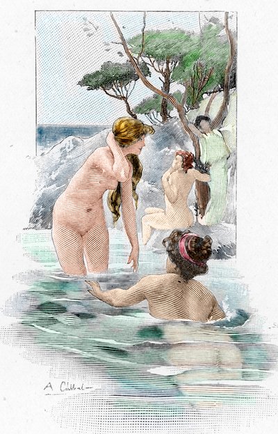 Odyssee af Homere: "Nausicaa, datter af kong Alcinous, og hendes tjenerinder vasker deres tøj i floden" Illustration af Antoine Calbet (1860-1944) til "The odyssee" af den græske digter Homere (Odyssey af Homer) 1897 Privat samling af Antoine Calbet