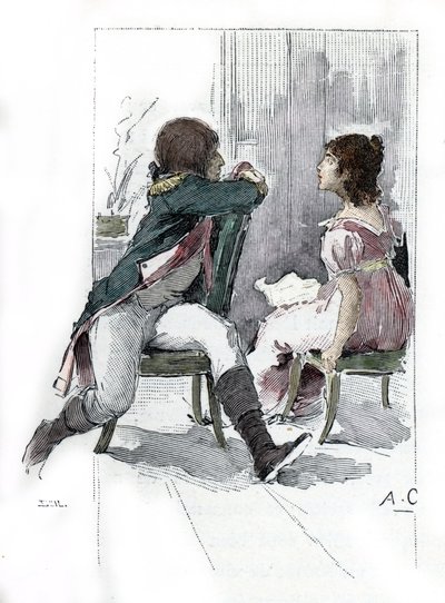 Portræt af Napoleon Bonaparte (1769-1821) med sin forlovede Desiree Clary (1777-1860) ca. April 1795 (Portræt af Desiree Clary på tidspunktet for hendes forlovelse med Napoleon Bonaparte, april 1795) Tegning af Antoine Calbet henter fra "Napoleon et les fe af Antoine Calbet