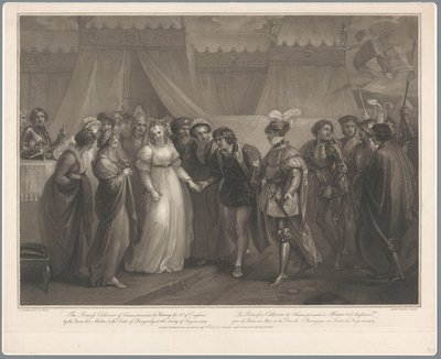Catherine van Valois og konge Hendrik V van Engeland, 1420 Prinsessen Catherine af Frankrig præsenterede for Henrik den 5. af England (...) i 1419 / La Princesse Catherine de France (...) (titel på objektet) af Antoine Cardon