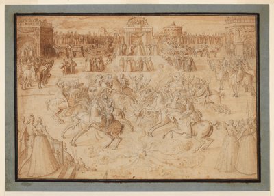 Et ridespil med ryttere, der dyster blandt fyrværkeri, 1575-c.1580 af Antoine Caron