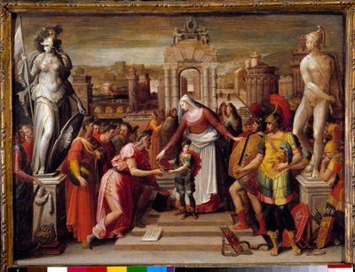 Historie om dronning Artemise Iere af Halicarnasse: "" Overdragelsen af bogen og epee"" Maleri af Antoine Caron (1521-1599) 1500-tallets søn. 0,51x0,67 m Beauvais, Musee departemental de l