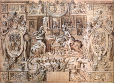 Turnering i anledning af ægteskabet mellem Catherine de Medici (1519-89) og Henri II (1519-59) i 1533 (pen og ind på papir) af Antoine Caron