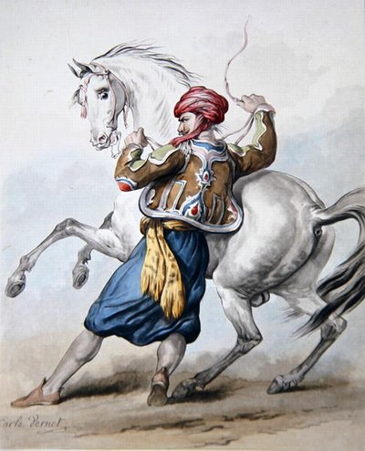 En perser forsøger at overvinde en fransk hest (litho) af Antoine Charles Horace Vernet